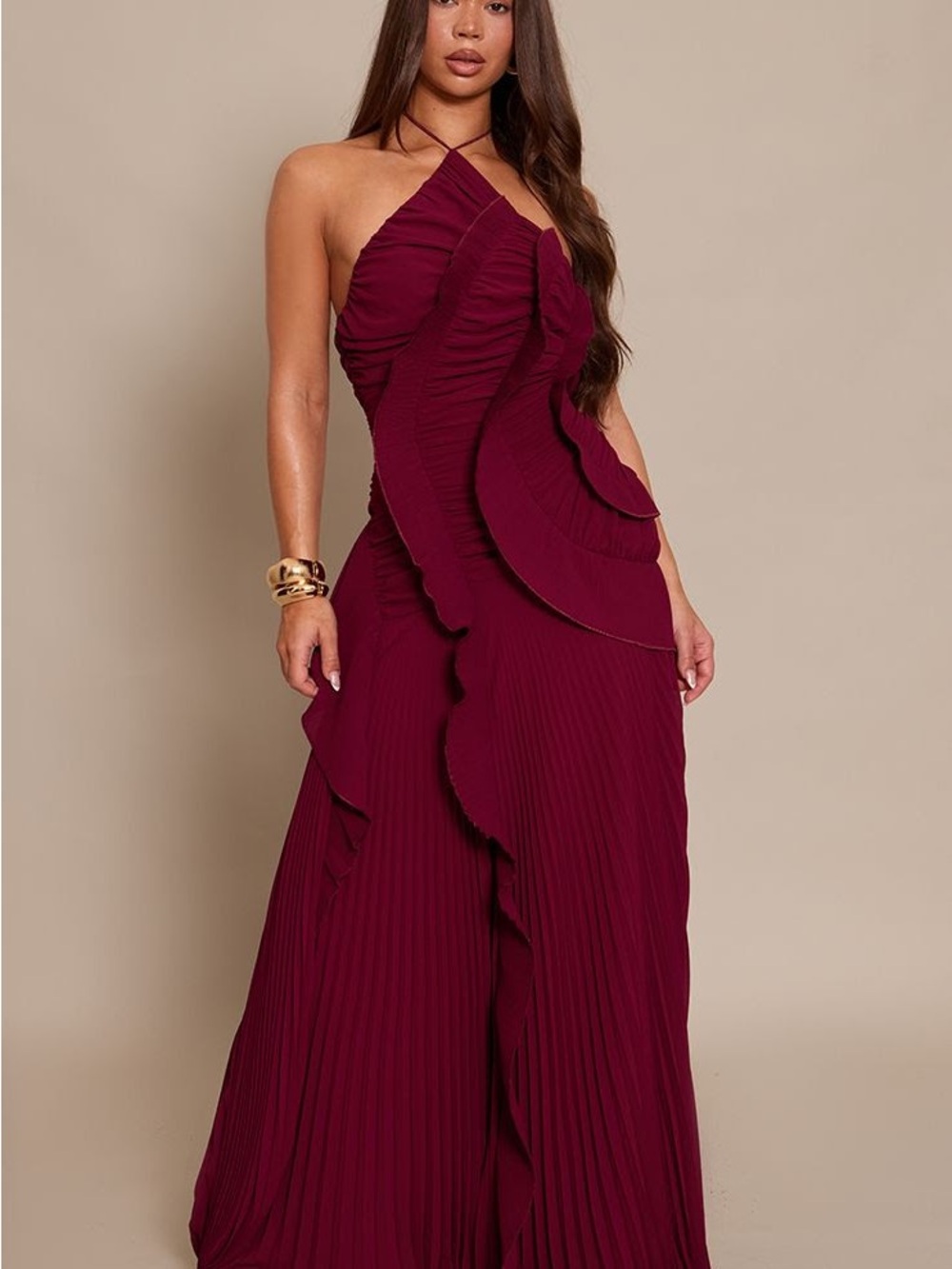 NWT PrettyLittleThing Pleated Frill Halterneck Maxi Dress